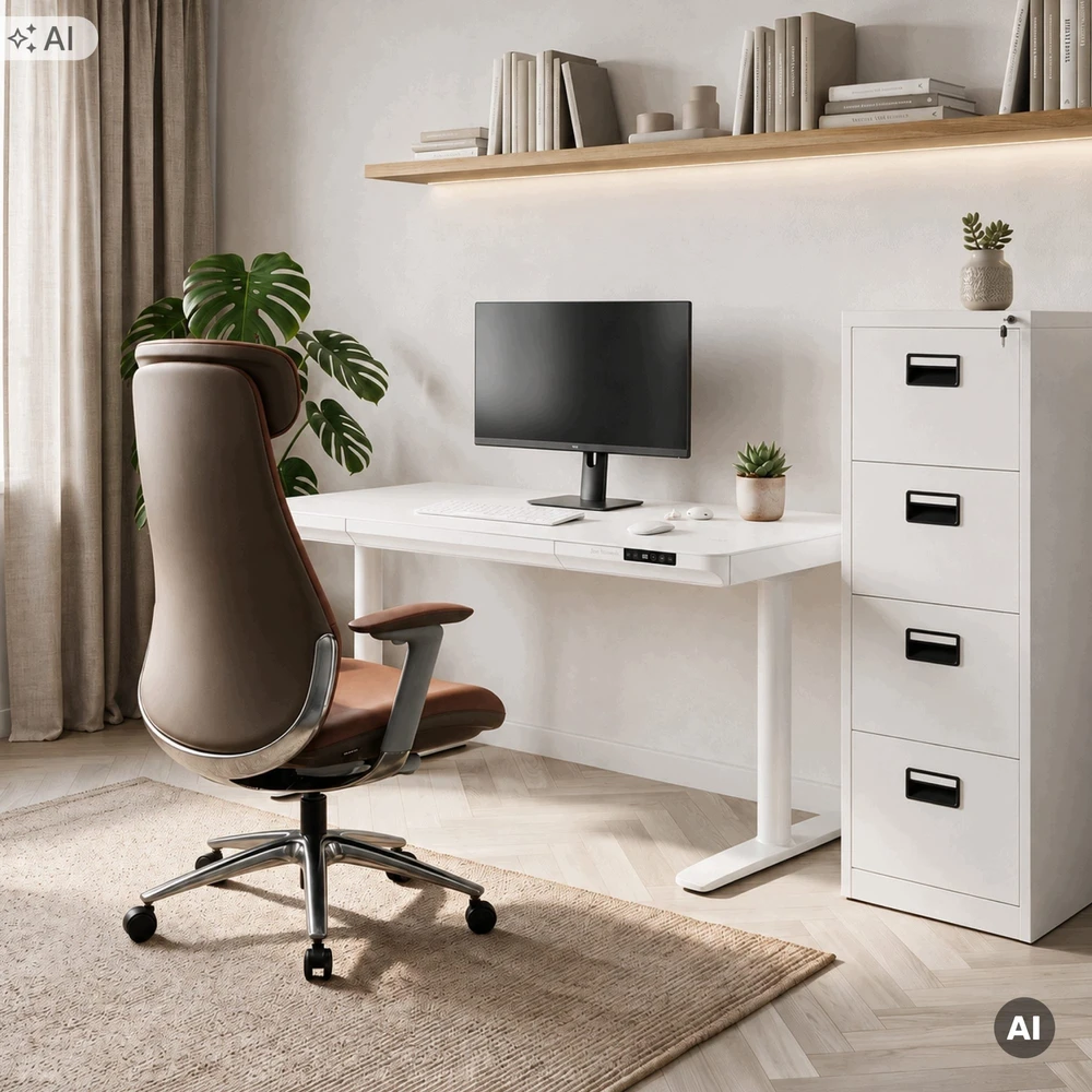Jan Nowak Elektrinis staliukas su reguliuojamu aukščiu, stalčiumi ir belaidžiu Qi įkrovikliu, baltas, 1400 mm: ELLIS (5907367514698)