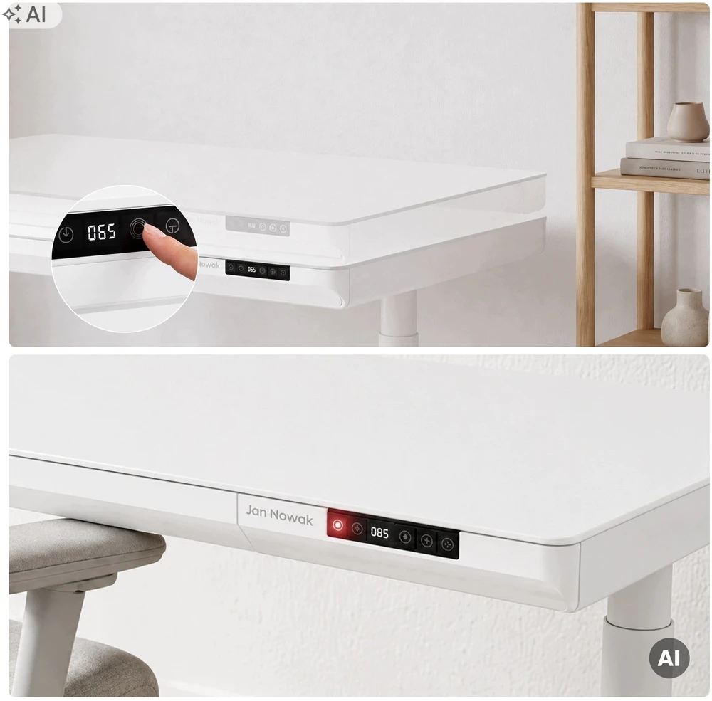 Jan Nowak Elektrinis staliukas su reguliuojamu aukščiu, stalčiumi ir belaidžiu Qi įkrovikliu, baltas, 1400 mm: ELLIS (5907367514698)