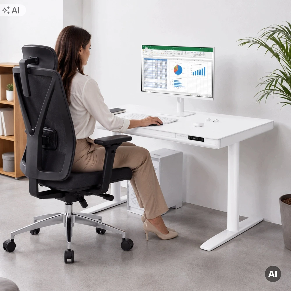 Jan Nowak Elektrinis staliukas su reguliuojamu aukščiu, stalčiumi ir belaidžiu Qi įkrovikliu, baltas, 1200 mm: ELLIS (5907367514612)