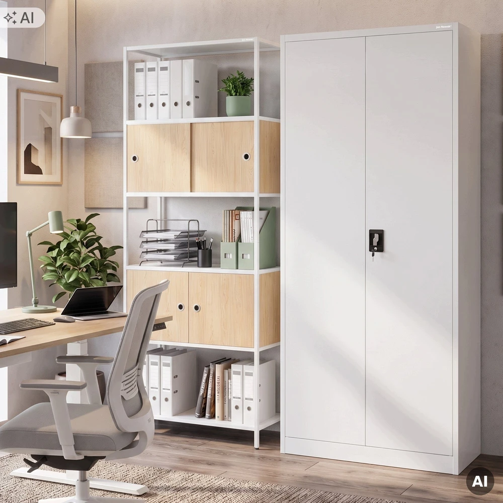 Jan Nowak Segtuvų lentyna su uždaroma spintelė, biurinė, atviros lentynos, metalinė balta/sonomos ąžuolas, 800x2200x400 mm: ARIEL Eco* Design (5907367512502)