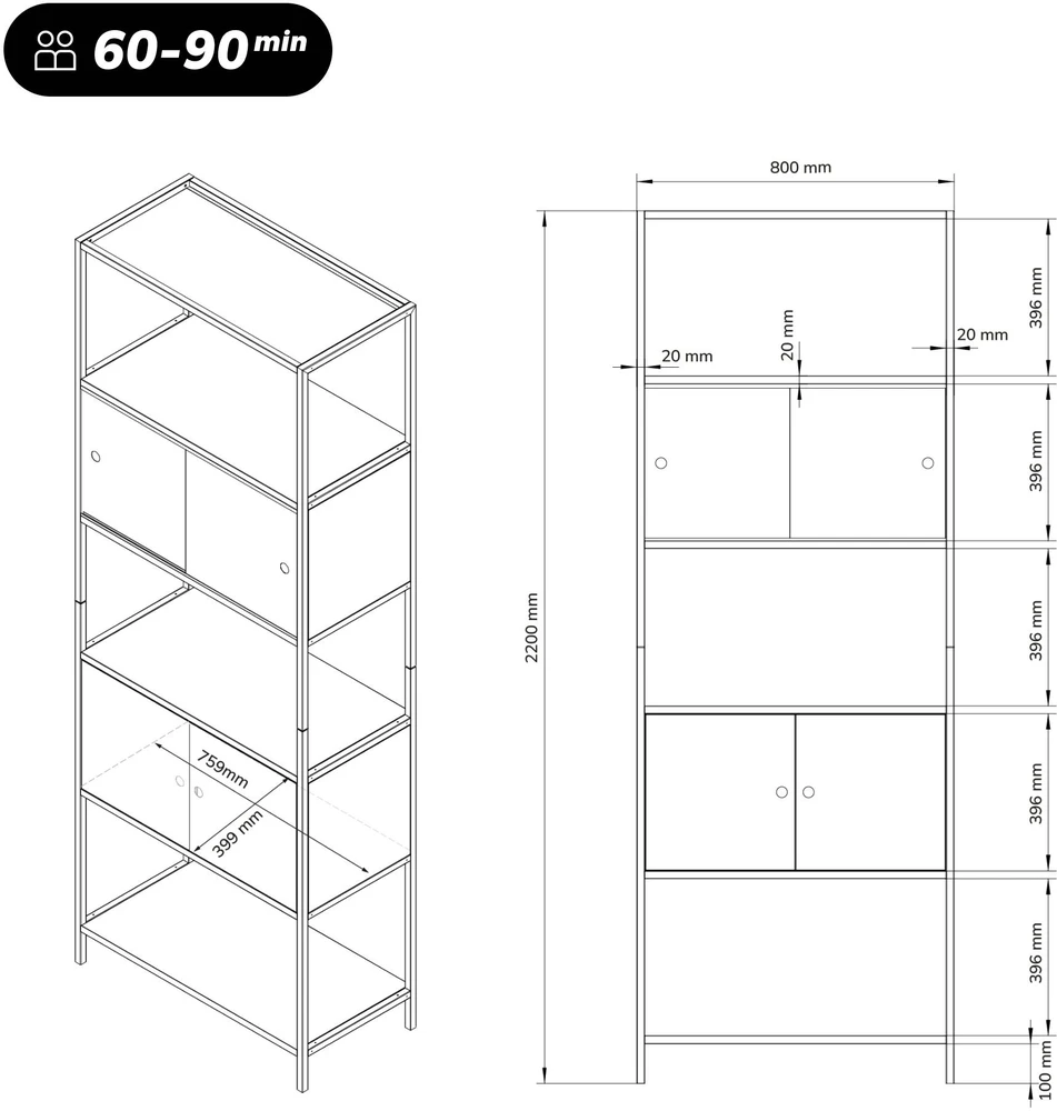 Jan Nowak Segtuvų lentyna su uždaroma spintelė, biurinė, atviros lentynos, metalinė balta/sonomos ąžuolas, 800x2200x400 mm: ARIEL Eco* Design (5907367512502)