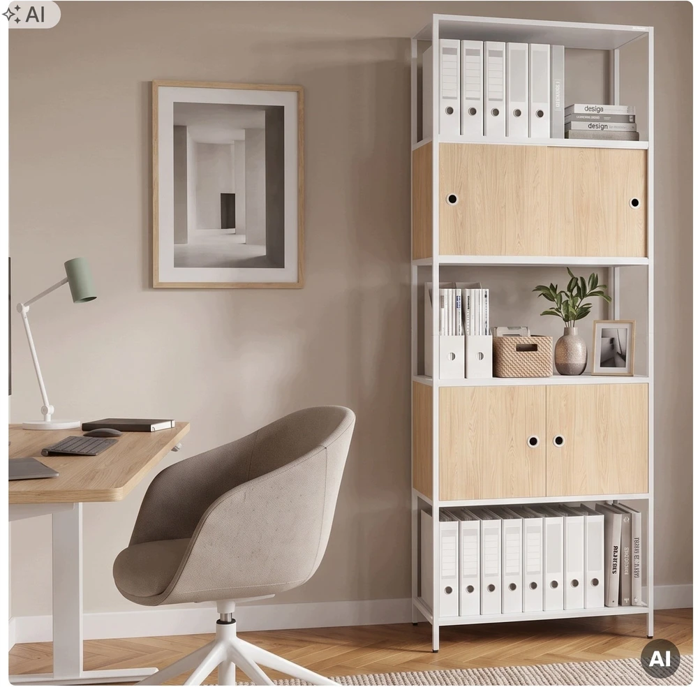 Jan Nowak Segtuvų lentyna su uždaroma spintelė, biurinė, atviros lentynos, metalinė balta/sonomos ąžuolas, 800x2200x400 mm: ARIEL Eco* Design (5907367512502)