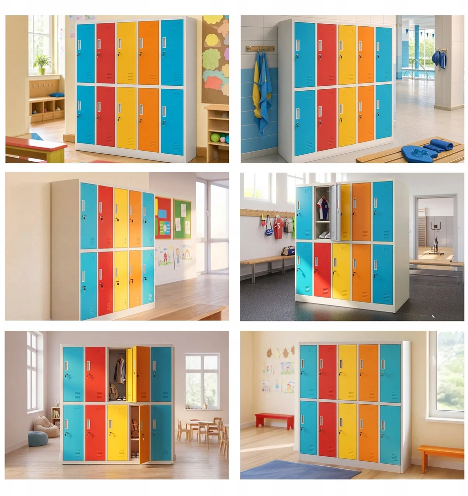Jan Nowak Mokyklinė spintelė BHP pilkai įvairiaspalvė: 10 skyrelių BARTUŚ, 1360 x 1500 x 450 mm (5907367505788)