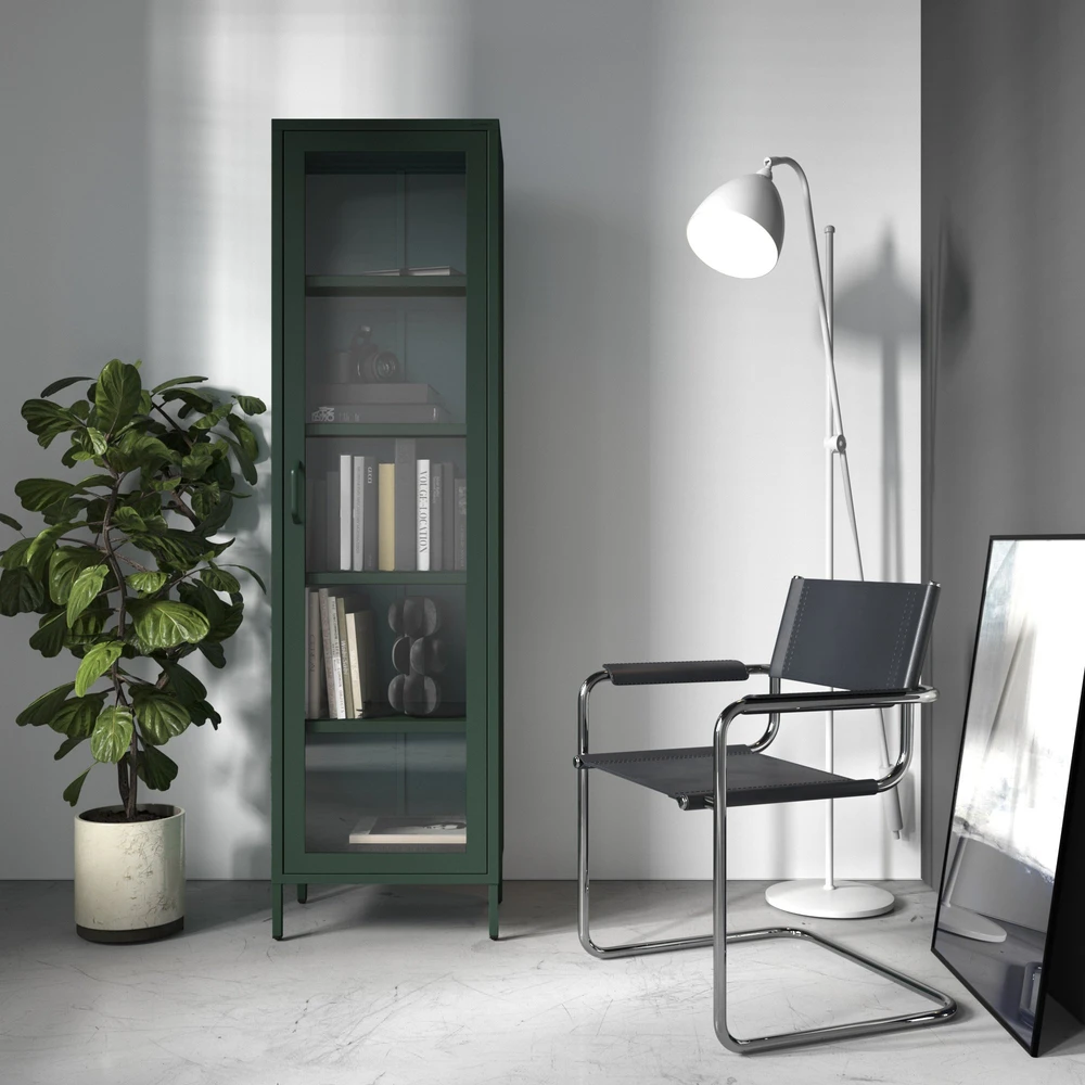 Jan Nowak Stiklinė vitrina salonui siaura butelinė žaluma Modern LUIGI 500 x 1800 x 350 mm