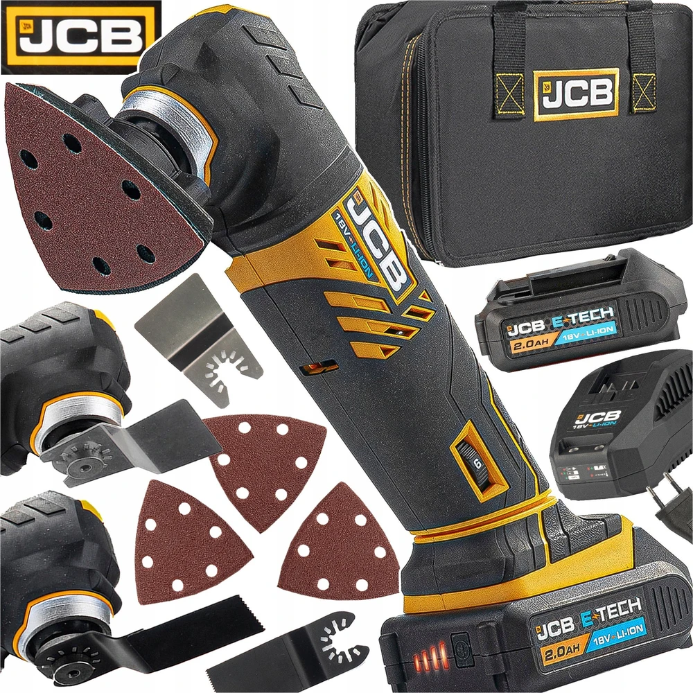 JCB 18V vibruojantis daugiafunkcis įrankis (2Ah baterija, įkroviklis, krepšys)