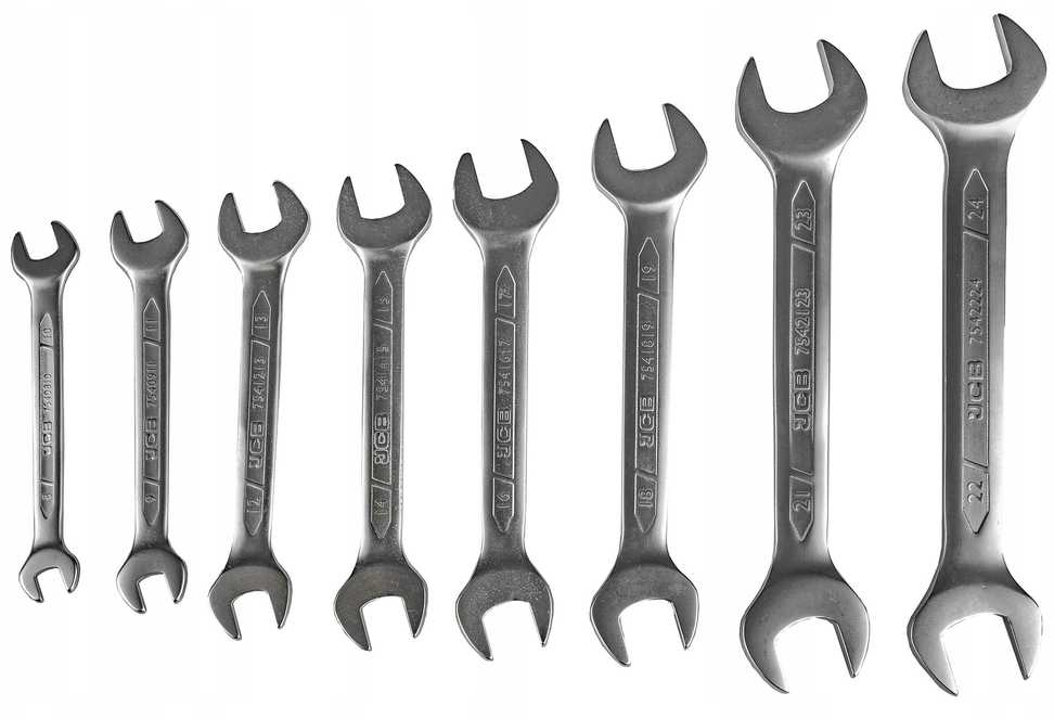 JCB 8 dalių plokščių veržliarakčių (8–24 mm) rinkinys ant lapo