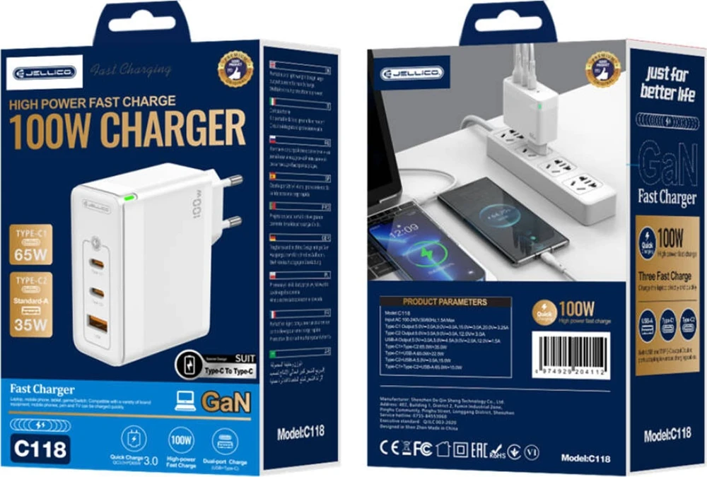 JELLICO sieninis įkroviklis C118 GaN PD 100W 2xUSB-C + 1xUSB QC3.0 + USB-C laidas - Lightning Baltas