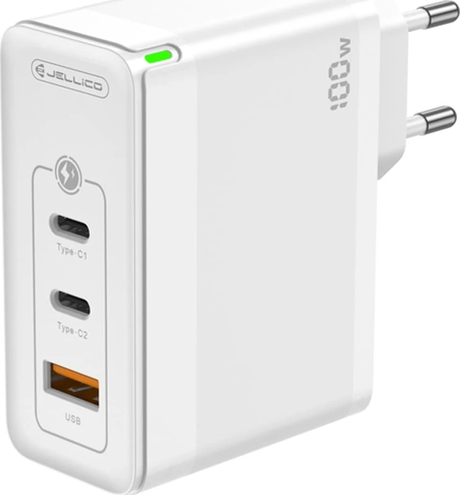 JELLICO sieninis įkroviklis C118 GaN PD 100W 2xUSB-C + 1xUSB QC3.0 + USB-C laidas - Lightning Baltas