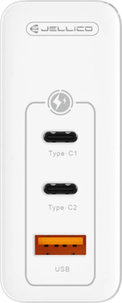 JELLICO sieninis įkroviklis C118 GaN PD 100W 2xUSB-C + 1xUSB QC3.0 + USB-C laidas - Lightning Baltas