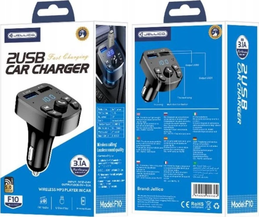 Jellico F10 Bluetooth 5.0 FM / MP3 siųstuvas + automobilio greitasis įkroviklis 2x USB QC 3.0 3.1A LED juodas