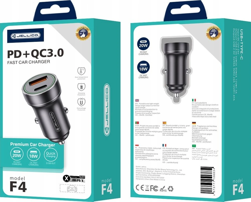 JELLICO automobilinis įkroviklis F4 PD 20W 1xUSB-C + 1xUSB QC3.0 + laidas „Lightning“ Juodas