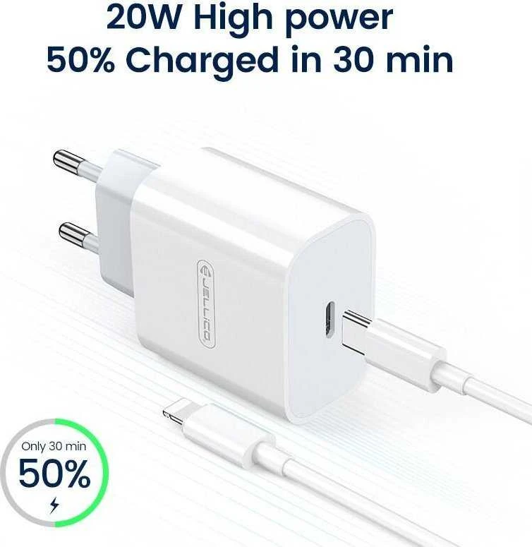 JELLICO sieninis pakrovėjas AK180 PD 20W 1xUSB-C + laidas USB-C - Lightning Baltas