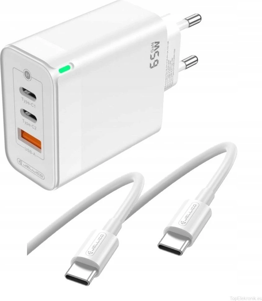 JELLICO sieninis įkroviklis C79 GaN PD 65W 2xUSB-C + 1xUSB QC3.0 + USB-C laidas - USB-C Baltas