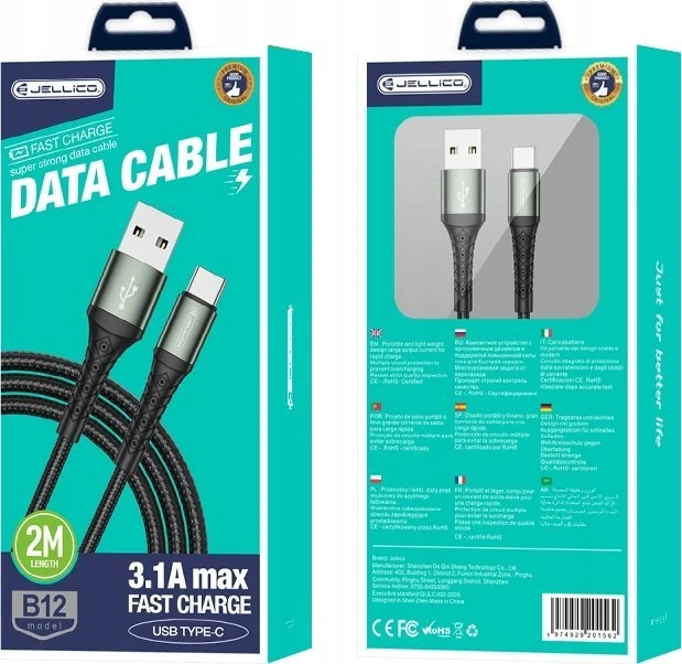 Jellico B12 Neilona Pīts Universāls USB-C uz USB Datu & Ātrās 3.1A Uzlādes kabelis 2m Melns