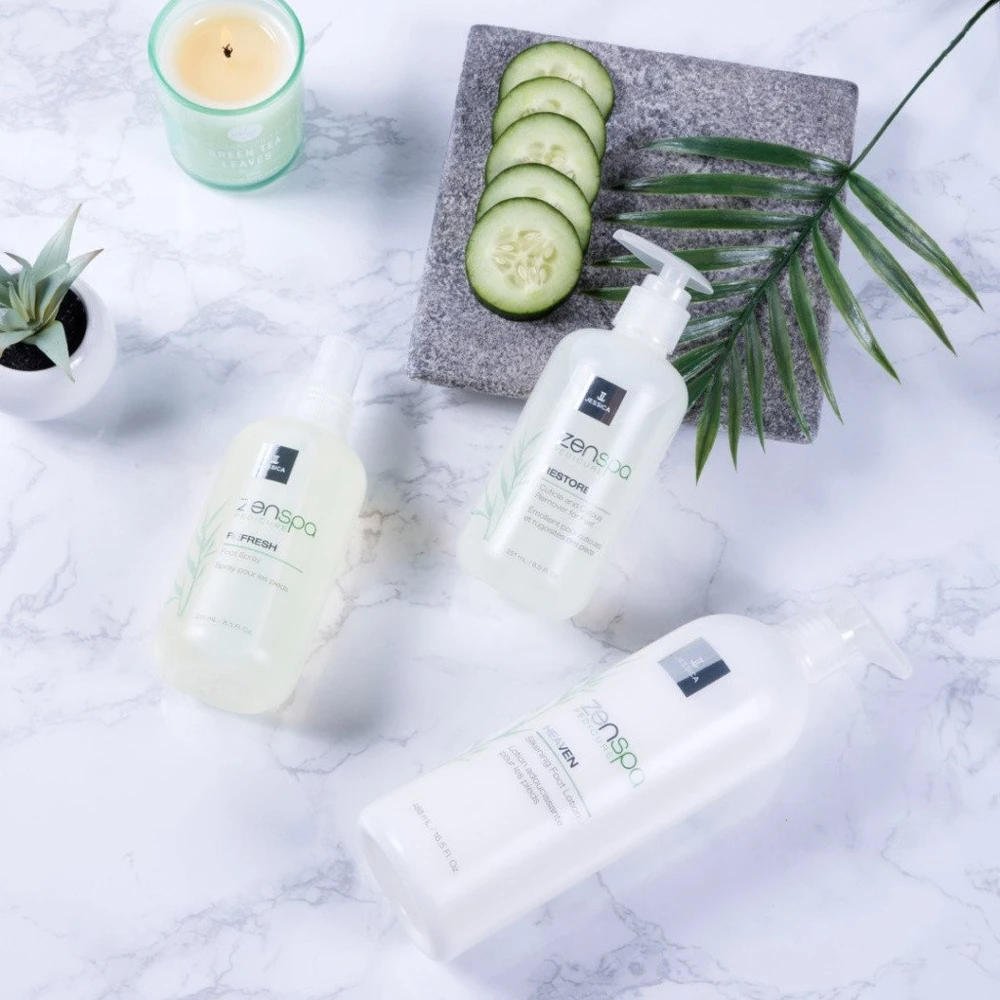 Starter Kit Set Jessica: ZenSpa Revive Vulkaninio pemzos pėdų šveitiklis, 435 g + ZenSpa Restore Alavijų odelių šalinimo gelis, 251 ml + ZenSpa Intense Vitamin E drėkinamasis pėdų kremas, 425 g + ZenSpa Awaken raminanti pėdų vonios druska, 453 g + ZenSpa R