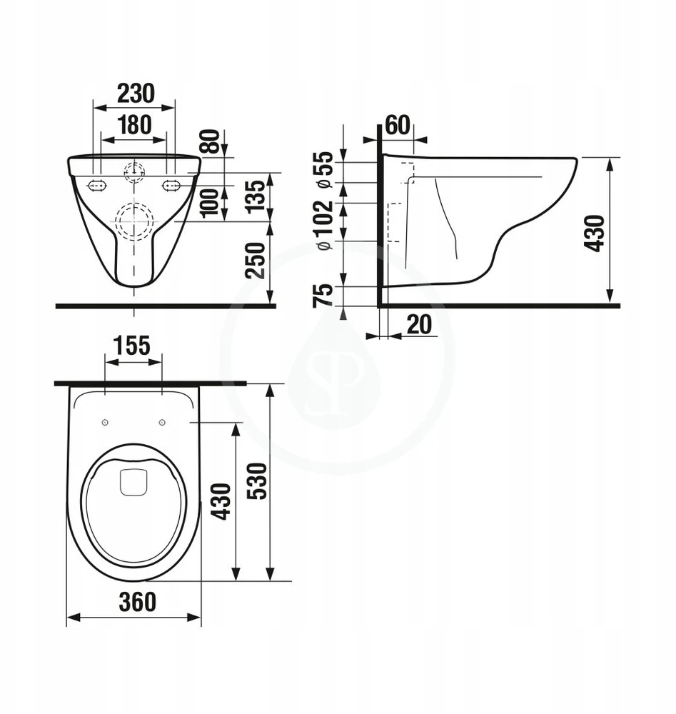 Jika pods Lyra Plus Rimless, 360x530 mm, stiprināms pie sienas, balts