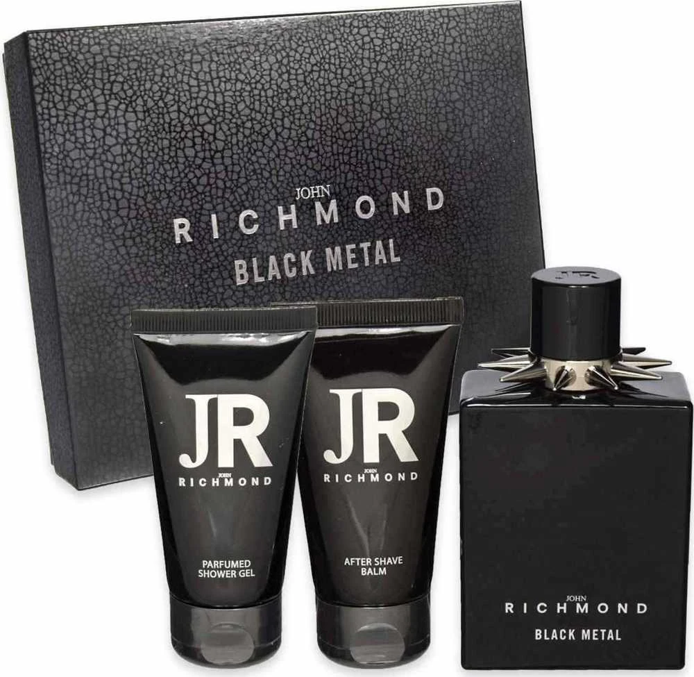 Set John Richmond: Juodas Metal Natural Cleansing Dušo želė, 50 ml + Juodas Metal Losjonas kūnui, 50 ml + Juodas Metal Eau De Parfum For Men, 100 ml