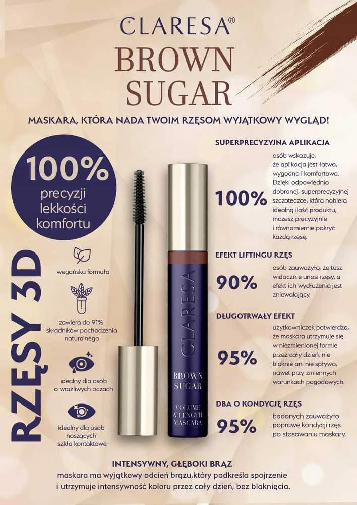 Claresa Brown Sugar Volume & Length Blakstienų tušas Ruda, 10 g