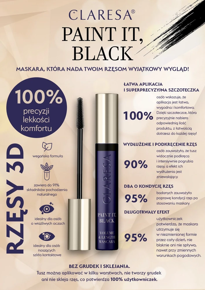 Claresa Paint It Juodas Volume & Length Blakstienų tušas Juodas, 10 g