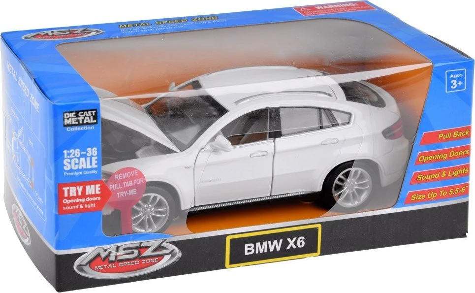 Jokomisiada Metalinis automobilis BMW x6 modelio skalė 1:32 Baltas visureigio šviesos garsas ZA4606