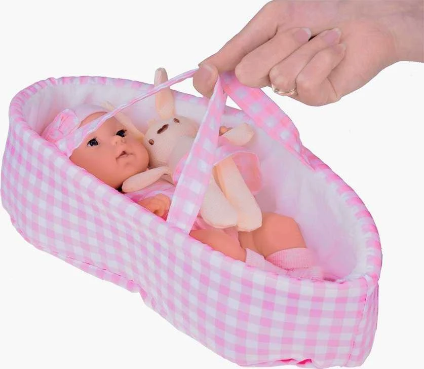 Jokomisiada Baby Doll Newborn dėvi rožinės spalvos kepurės suknelę + triušis ZA 5007 RO
