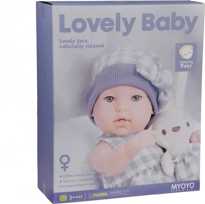 Jokomisiada Baby Doll Naujagimio lėlė pilka kepure ir suknele + triušis ZA5007