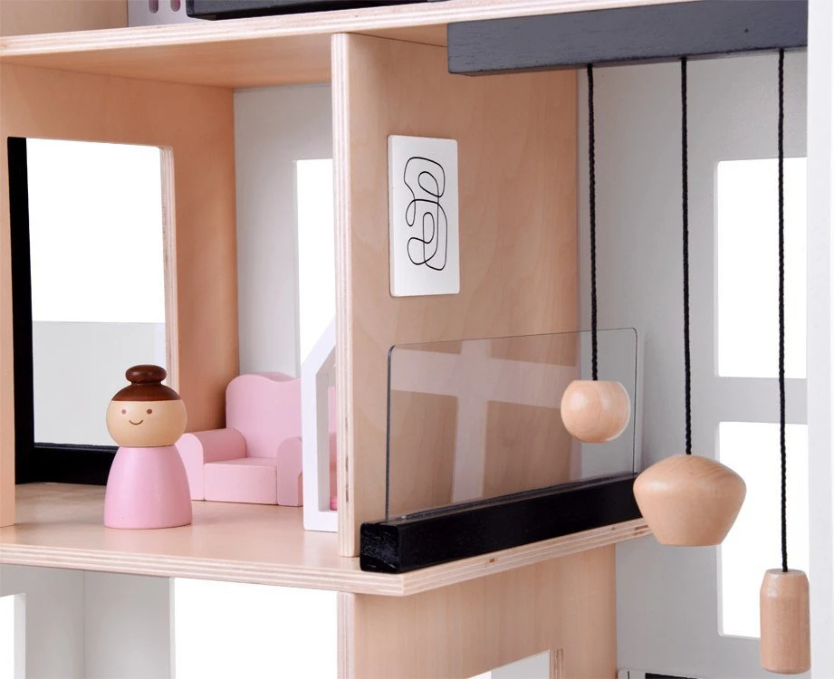 Jokomisiada Šiuolaikinis medinis lėlių namelis LOFT stiliumi + lėlių baldai ZA5073
