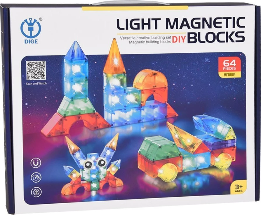 Jokomisiada Magnetiniai blokai 64 vnt. Apšviesti magnetiniai blokai ZA5240