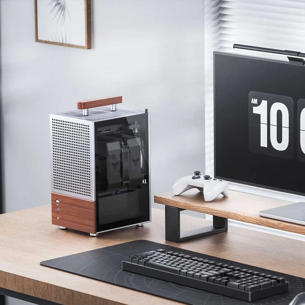 Jonsbo T6 kompiuterio korpusas, Mini-Tower, Mini-ITX, grūdintas stiklas, mediena – Sidabrinis