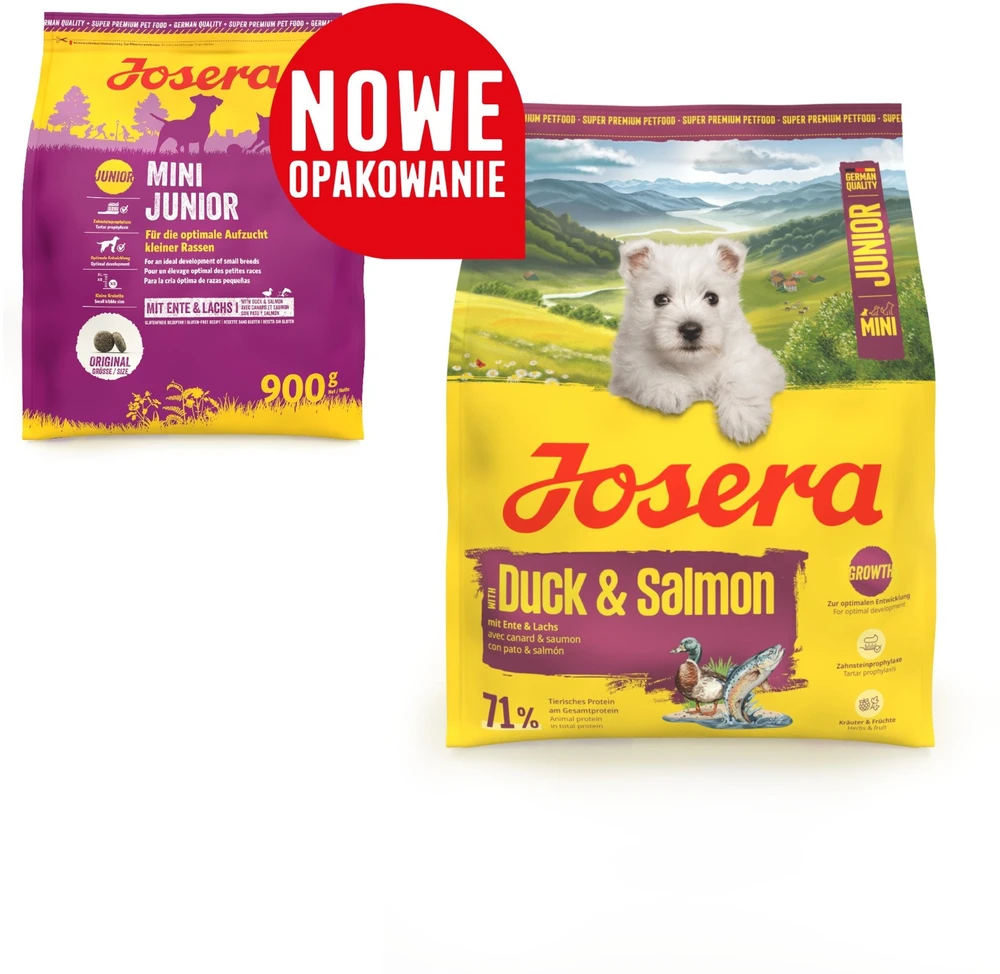 Josera MiniJunior antiena and lašiša sausas pašaras mažų veislių jauniems šunims su antiena ir lašiša, 900 g