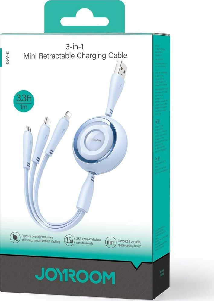 3in1 Joyroom Spalvingas USB į USB-C/Lightning/Micro USB laidas 3.5A, 1m (mėlynas)