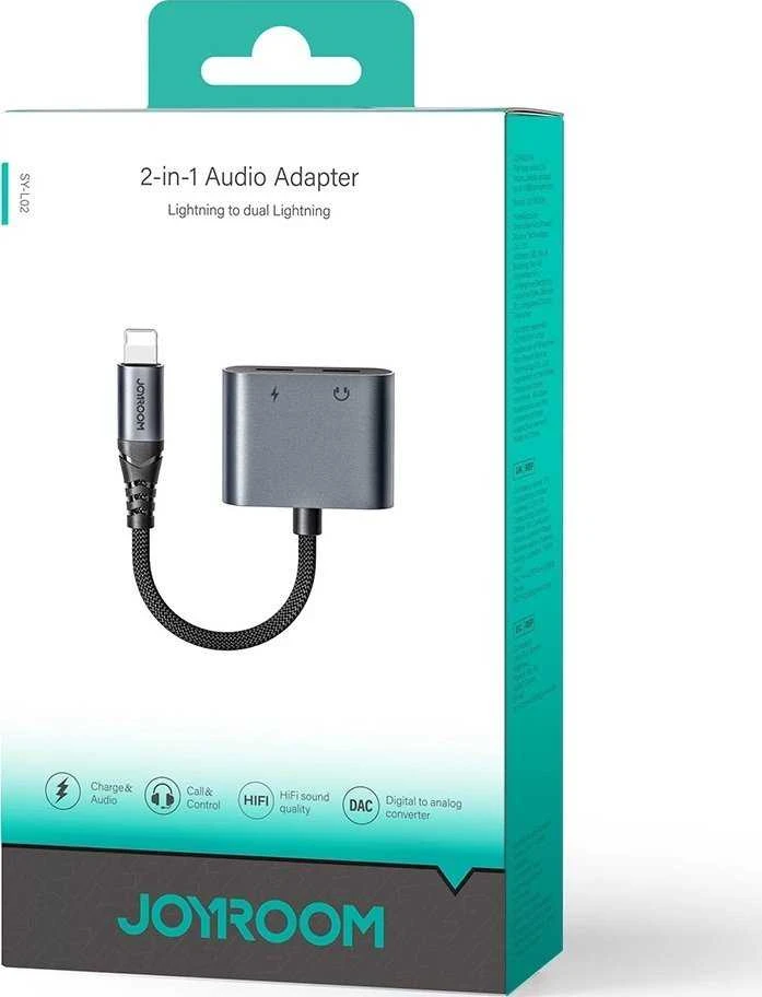 Du viename garso adapteris Joyroom SY-L02 Lightning į dvigubą žaibą (juodas)