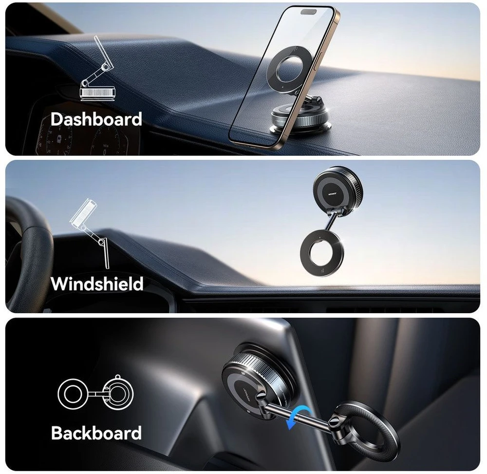 „Joyroom JR-ZS501“ magnetinis automobilio laikiklis, suderinamas su „MagSafe“, skirtas prietaisų skydeliui – tamsiai pilkas
