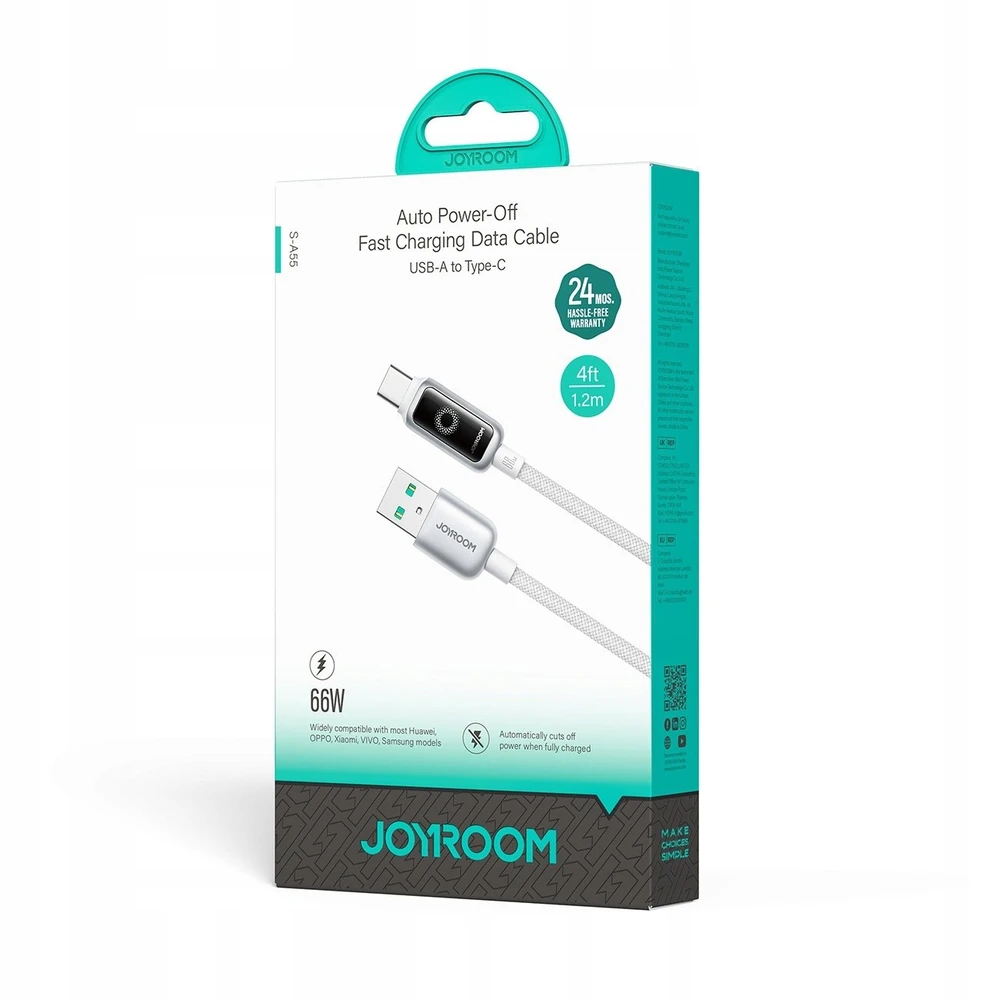 Kabelis Joyroom S-A55 StarFlight 66W USB-A – USB-C 1,2m – baltos spalvos
