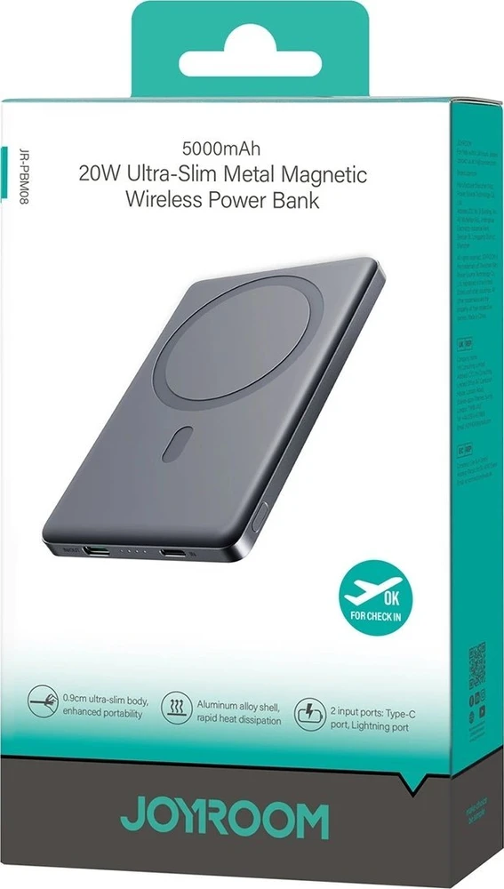 Powerbank Joyroom JR-PBM08 5000mAh 20W su belaidžiu įkrovimu – pilkos spalvos