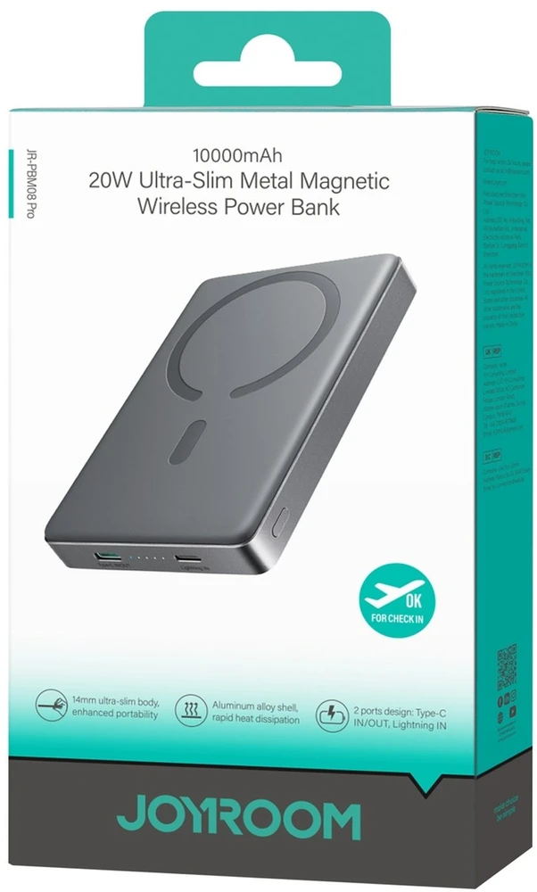 Joyroom Powerbank JR-PBM08 Pro 22,5W 10000mAh su belaidžiu įkrovimu, 2x USB-C - pilkas (6956116749811)