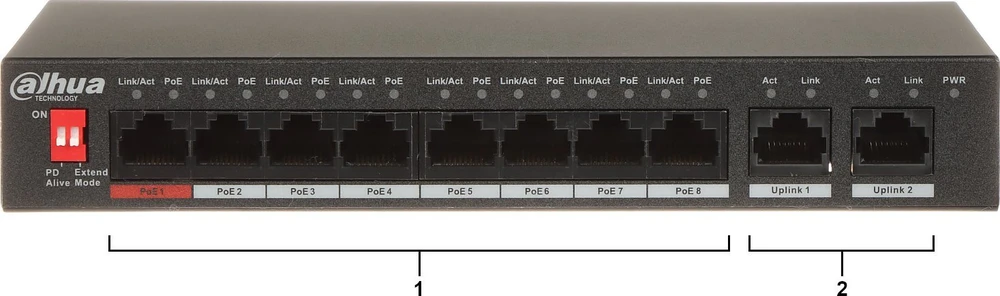 Dahua PoE šakotuvas 8*100Mbps PoE portai ir 2 Uplink 1000Mbps, Total-96W, BT 90W