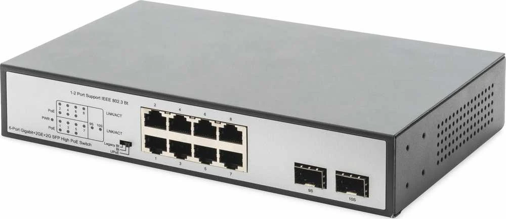 Šakotuvas Assmann Electronic DIGITUS 8 Port Gigabit Switch 8xRJ45 6xPoE + 2G SFP 180W 802.3 af/at/bt standarto palaikymas