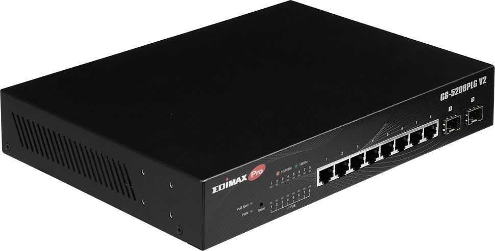 Šakotuvas EDIMAX GS-5208PLG V2 SMART SWITCH 8 Gigabit Ethernet PoE+ jungtys ir 2 Gigabit SFP uplink jungtys PoE 85W