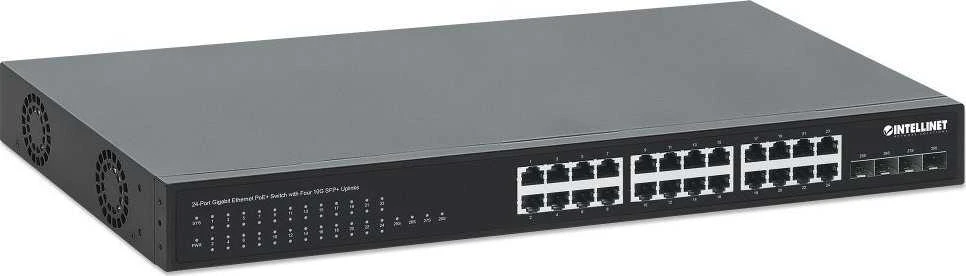 Šakotuvas „Intellinet 561761“ komutatorius, gigabito, 24x RJ45, „PoE+“, 370W, 4x SFP+, 10GbE Uplink