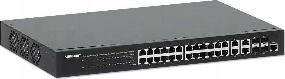 Šakotuvas „Intellinet 561426“ komutatorius su 24 RJ45 gigabito POE+ prievadais, 370 W, 4 mišrios SFP/RJ45 jungtys