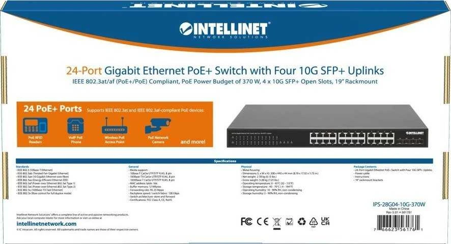 Šakotuvas „Intellinet 561761“ komutatorius, gigabito, 24x RJ45, „PoE+“, 370W, 4x SFP+, 10GbE Uplink