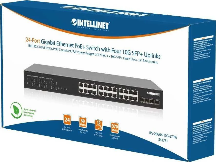 Šakotuvas „Intellinet 561761“ komutatorius, gigabito, 24x RJ45, „PoE+“, 370W, 4x SFP+, 10GbE Uplink