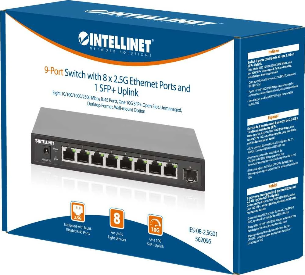 Šakotuvas INTELLINET 8 prievadų 2,5G komutatorius 8xRJ45 1xSFP+