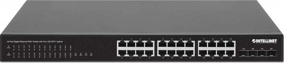 Šakotuvas „Intellinet 561761“ komutatorius, gigabito, 24x RJ45, „PoE+“, 370W, 4x SFP+, 10GbE Uplink
