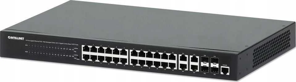Šakotuvas „Intellinet 561426“ komutatorius su 24 RJ45 gigabito POE+ prievadais, 370 W, 4 mišrios SFP/RJ45 jungtys