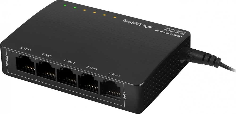 Šakotuvas LANBERG jungiklis PoE darbalaukio 5 prievadų 1GB 4 jungtys PoE 30W/prievadas max 60W DSP3-1005-60W nevaldomas