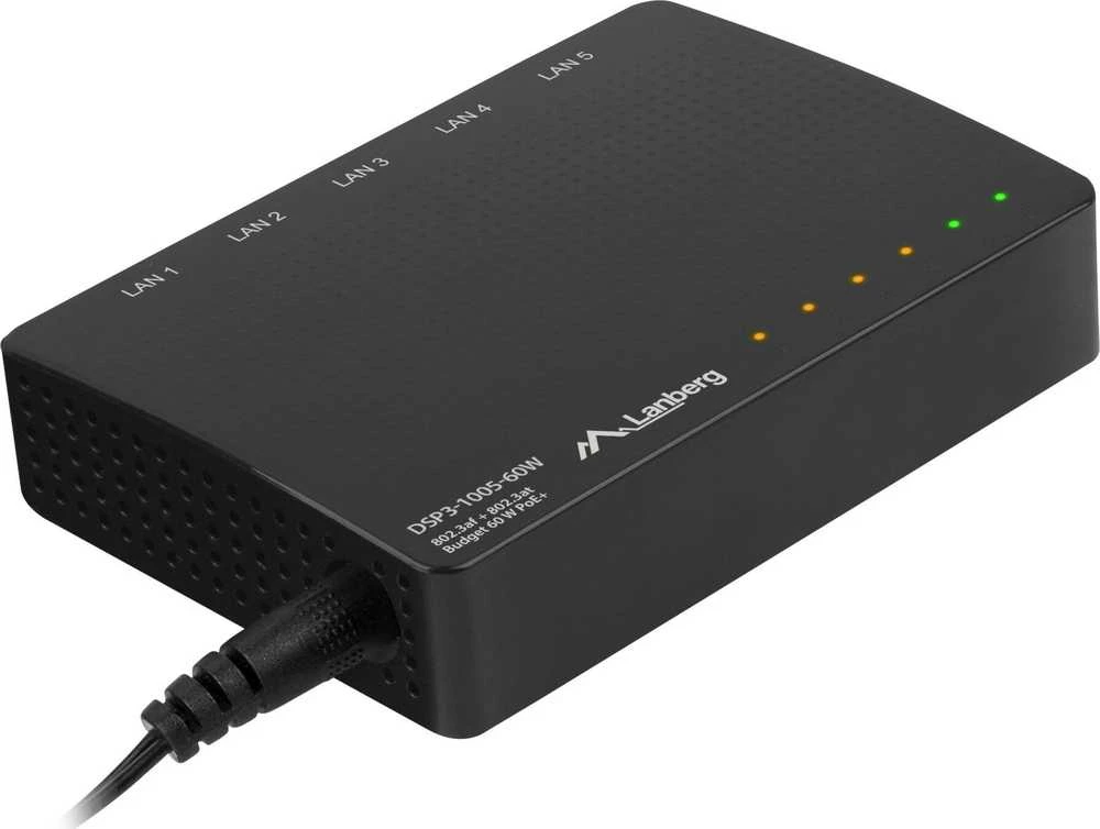 Šakotuvas LANBERG jungiklis PoE darbalaukio 5 prievadų 1GB 4 jungtys PoE 30W/prievadas max 60W DSP3-1005-60W nevaldomas