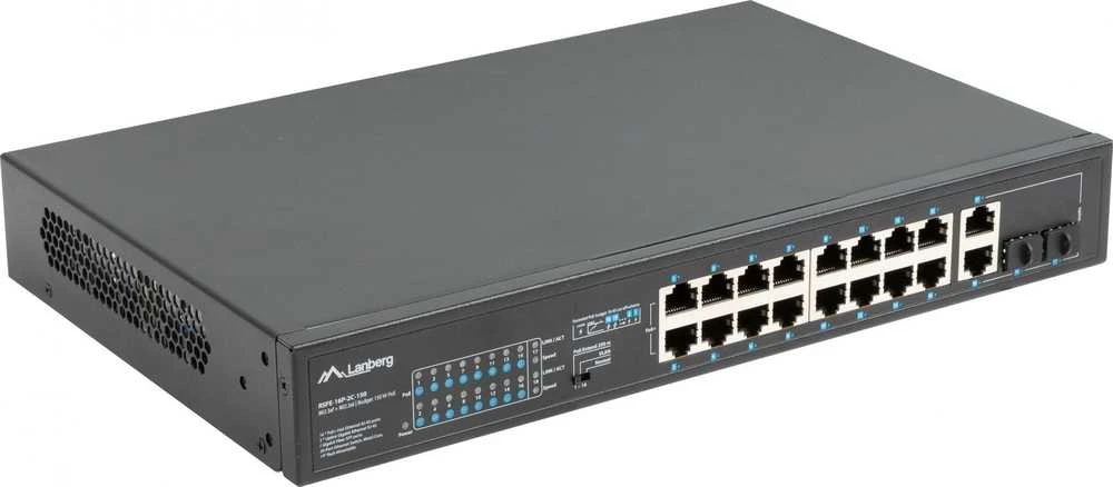 Šakotuvas LANBERG RSFE-16P-2C-250 jungiklis 16x 100Mb PoE+/2x Combo Gigabit 250W nevaldomas