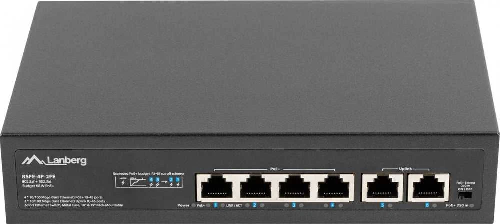 Šakotuvas LANBERG jungiklis PoE 19 colių 6 prievadų 100MB 4 jungtys PoE 30W/prievadas max 60W DSP3-0105-60W nevaldomas